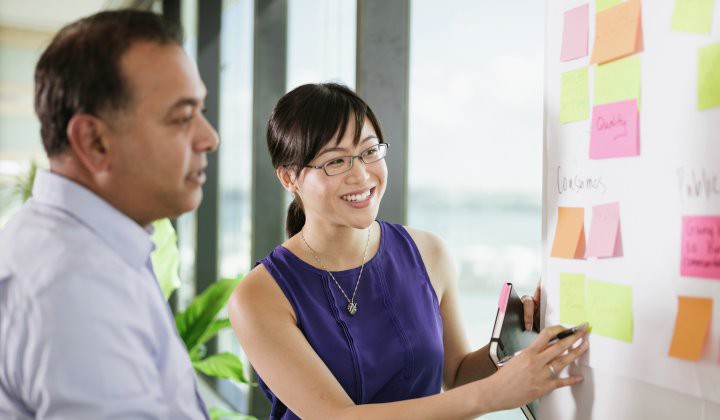 Man and woman with post it notes